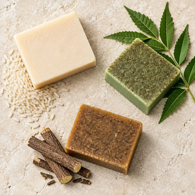 A square overhead still life showing three specific botanical skincare materials and their sourced p