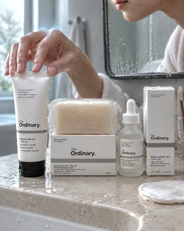 A portrait photograph of the exact three-product skincare bundle from the reference at the beginning