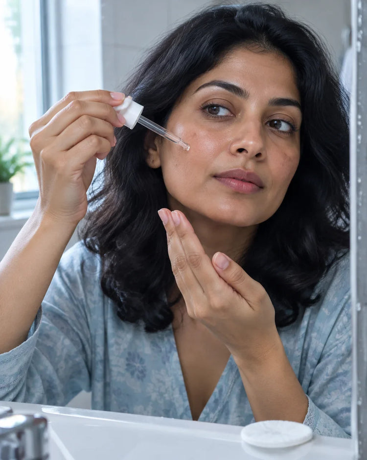 A portrait close photograph of the recurring 32-year-old Pakistani woman with medium warm-brown skin