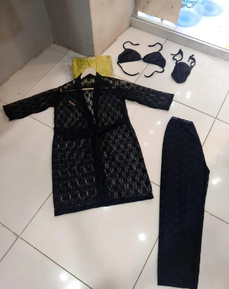 Black Lace Nightwear Set 4 Piece Premium Quality