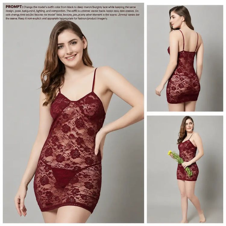 2 Pcs Transparent Nighty For Girls / Net Lace Comfortable And Lightweight Lingerie Set