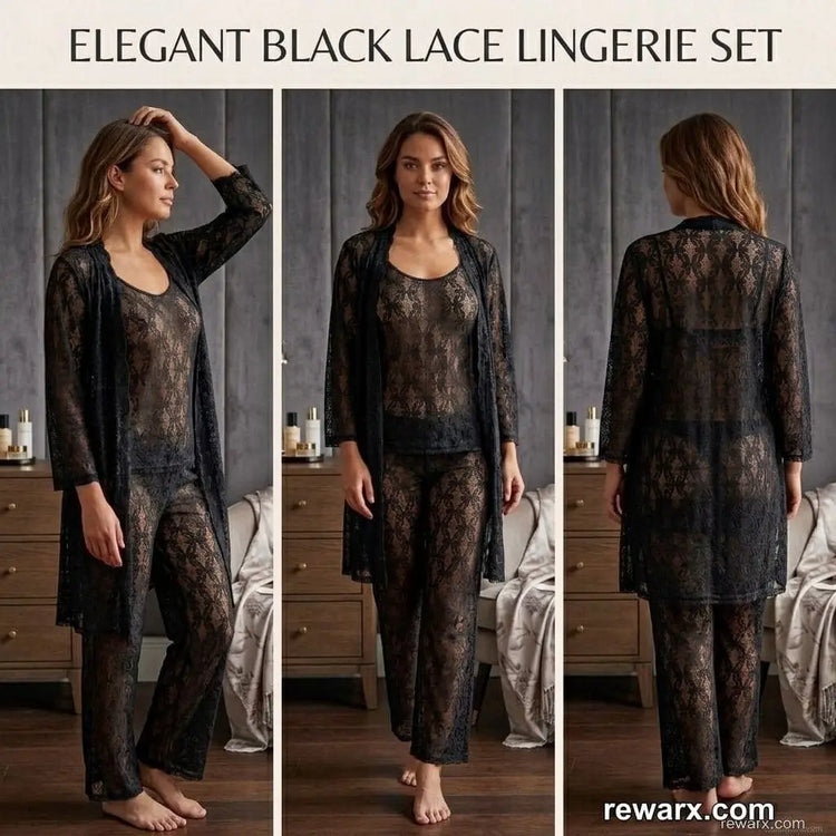 Luxury 3 Pcs TransparentNighty (Gown Inner Trouser)/ Net Lace ComfortableAnd Lightweight Lingerie Set