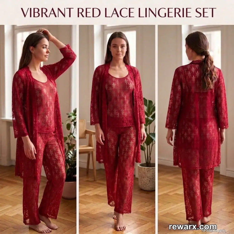 Luxury 3 Pcs TransparentNighty (Gown Inner Trouser)/ Net Lace Comfortable And Lightweight Lingerie Set