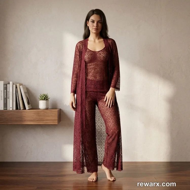 Luxury 3 Pcs Transparent Nighty (Gown Inner Trouser)/ Net Lace Comfortable And Lightweight Lingerie Set
