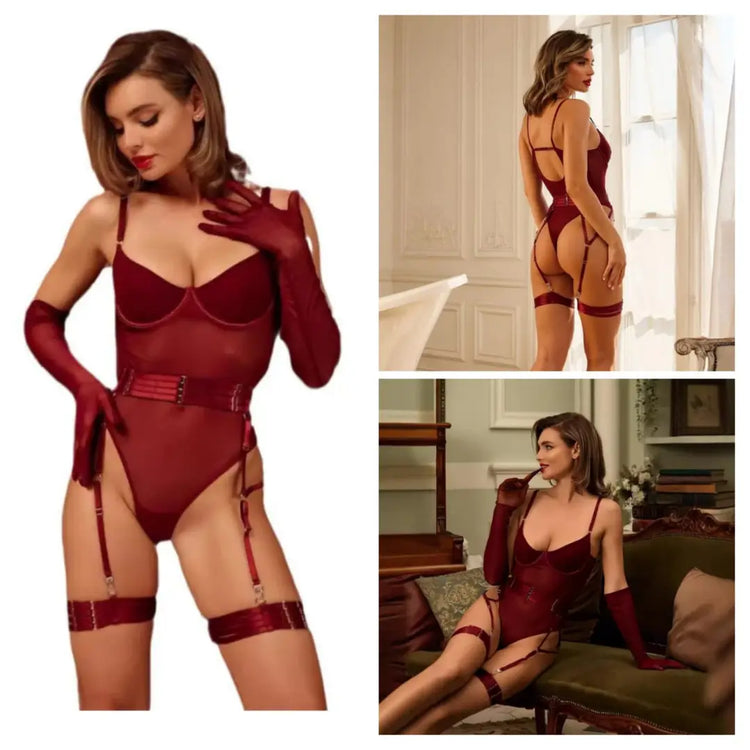 Net Plain Comfortable And Lightweight Lingerie Set with Golves & Garter Belt / BodySuit For Sleepwear