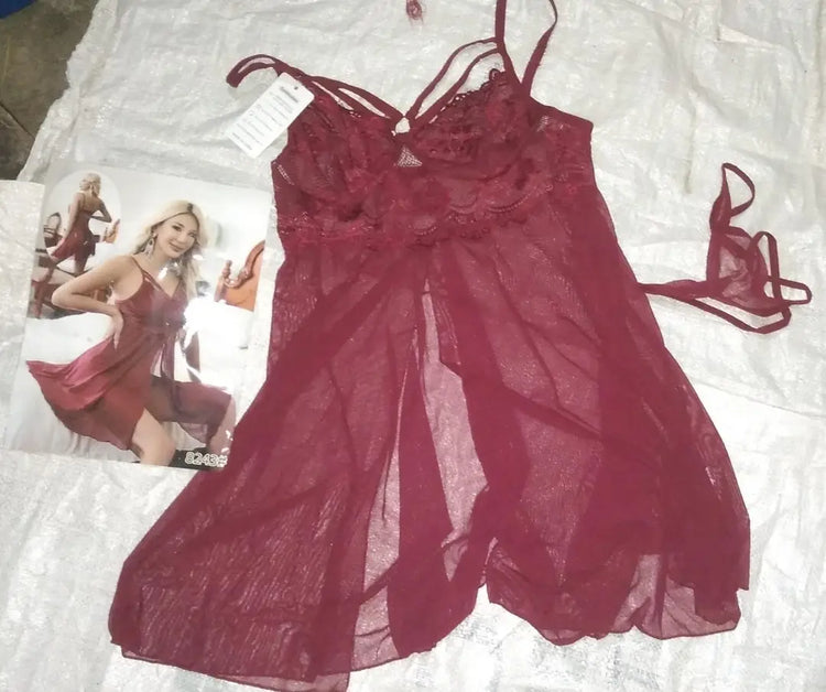 Net Lace Comfortable And Lightweight Nightwear Set / Short Imported Front Open Nighty