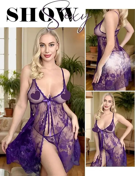 Short Front Open Nighty & Panty / Net Lace Comfortable And Lightweight Nightwear Set