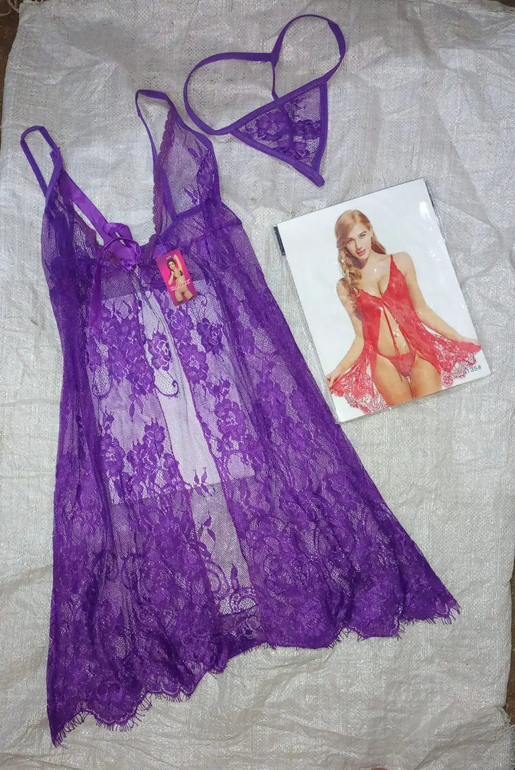 Short Front Open Nighty & Panty / Net Lace Comfortable And Lightweight Nightwear Set