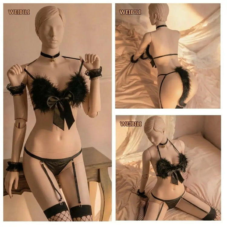 Women’s Bow Bunny Costume Lingerie Set with Tail & Collar
