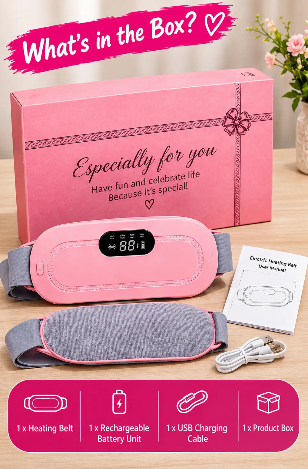 Electric Heating Belt for Menstrual Cramps, Back Pain & Muscle Relaxation – USB Rechargeable Heat Therapy Belt with 3 Heat Settings & LED Display - Taiyba Cosmetics